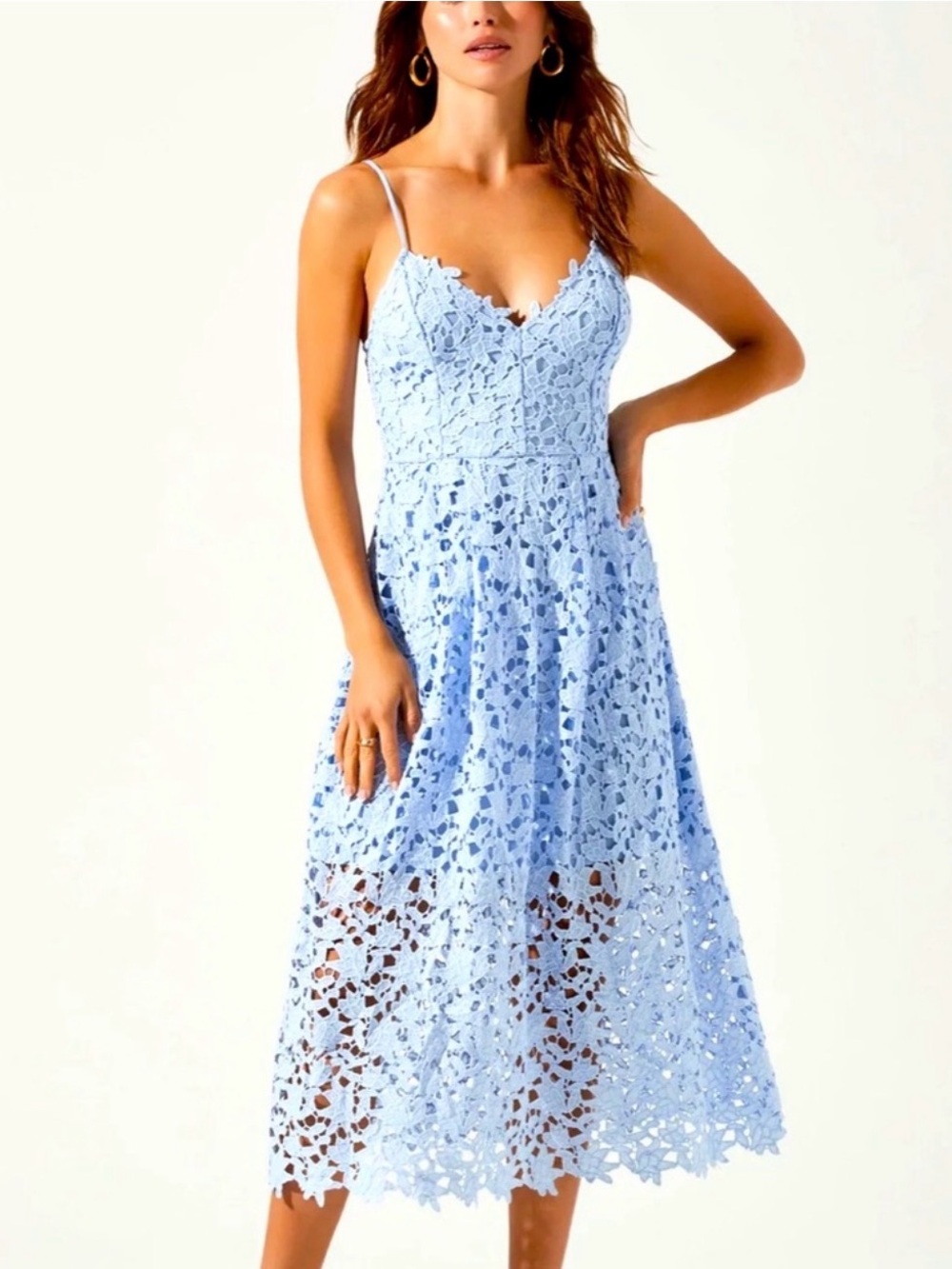 Astr Powder Blue Lace Midi Dress with Spaghetti Straps